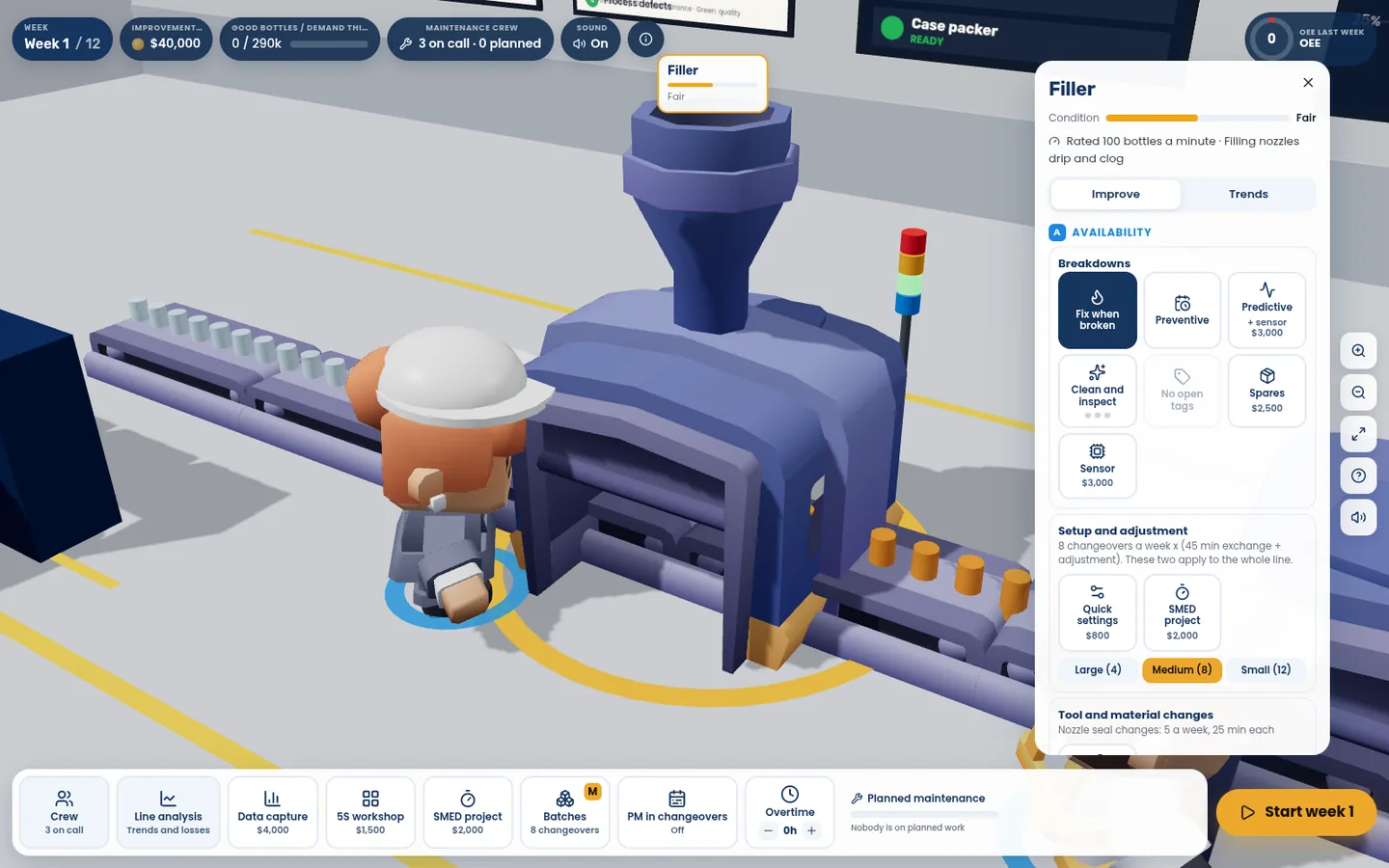 Actions for availability, performance and quality OEE Factory Simulator: machine panel with actions to improve availability, performance and quality, such as preventive maintenance, SMED and spares