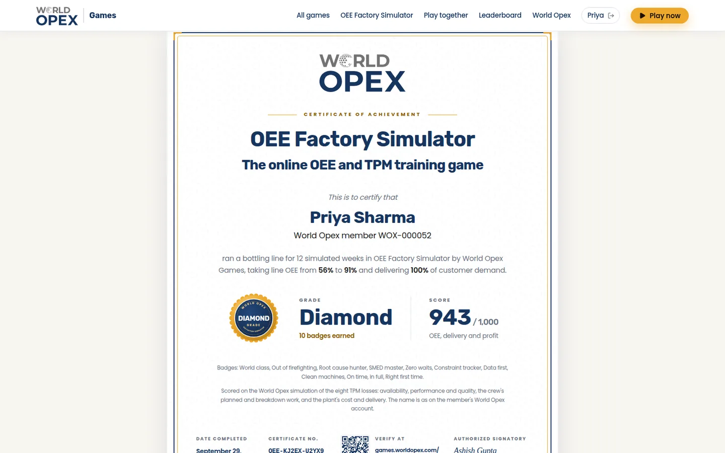 OEE training certificate OEE Factory Simulator: certificate of achievement for OEE and TPM training with grade, score and QR verification