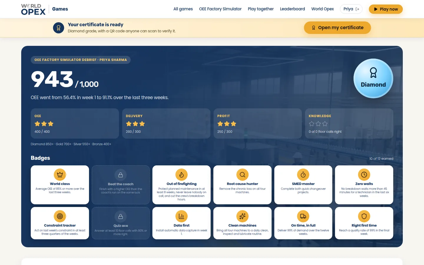 OEE score and debrief OEE Factory Simulator: debrief with the OEE score out of 1,000, Diamond grade, stars and badges