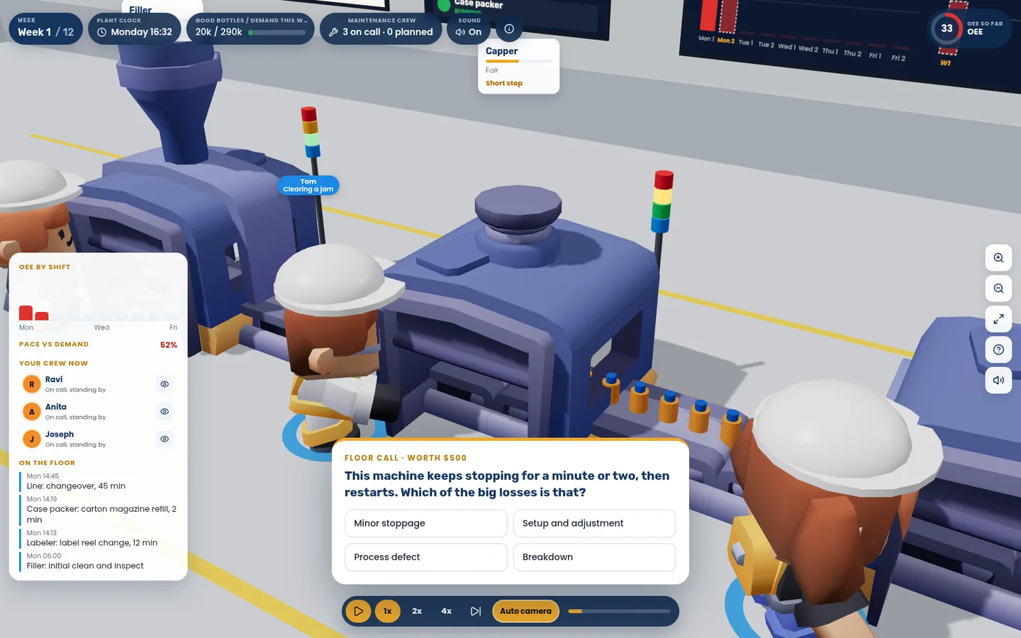 OEE quiz on the shop floor OEE Factory Simulator: floor call quiz asking which of the big losses a short machine stop is