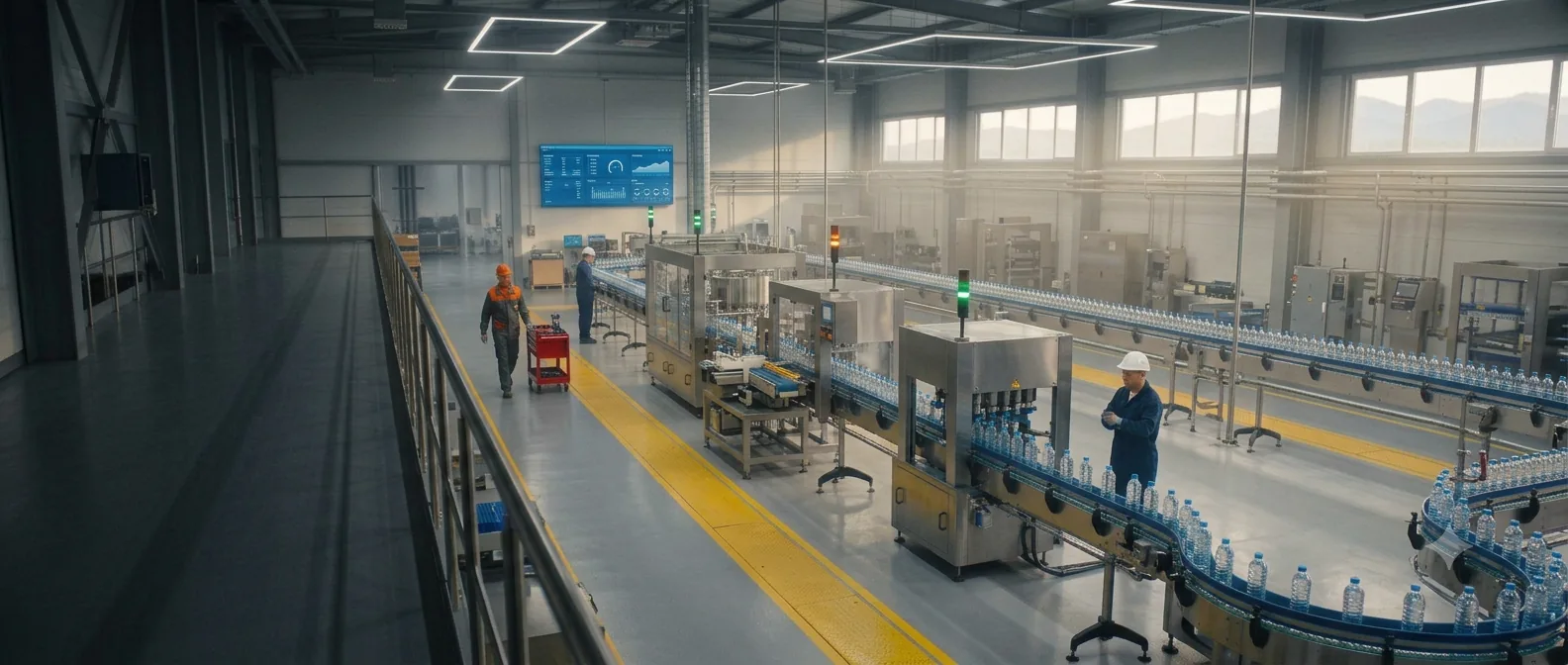 OEE Factory Simulator, an online OEE and TPM training game set in a bottling plant with a technician on the production line